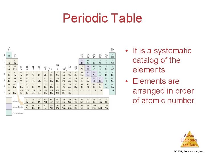 Periodic Table • It is a systematic catalog of the elements. • Elements are