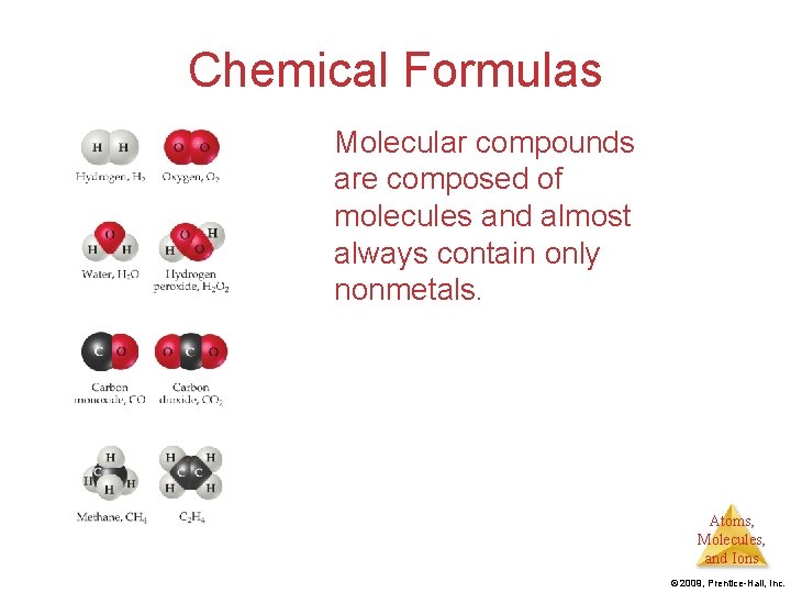 Chemical Formulas Molecular compounds are composed of molecules and almost always contain only nonmetals.