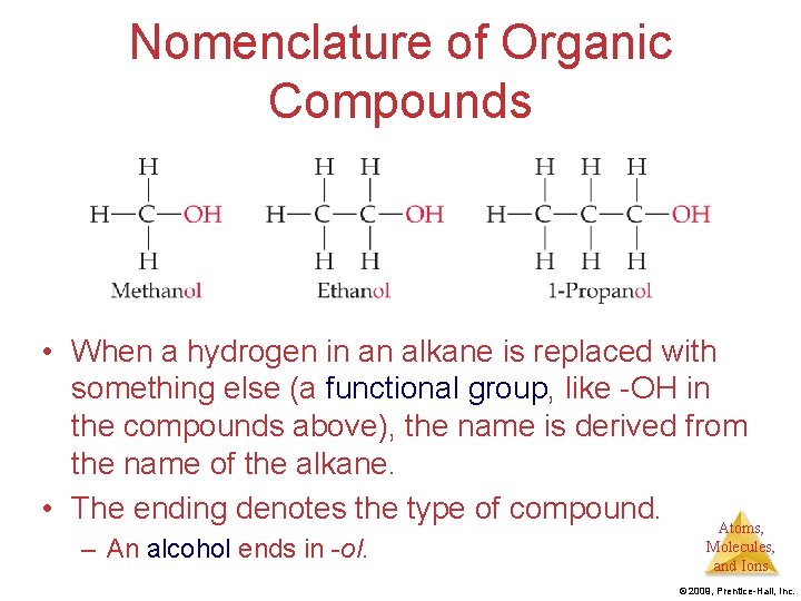 Nomenclature of Organic Compounds • When a hydrogen in an alkane is replaced with
