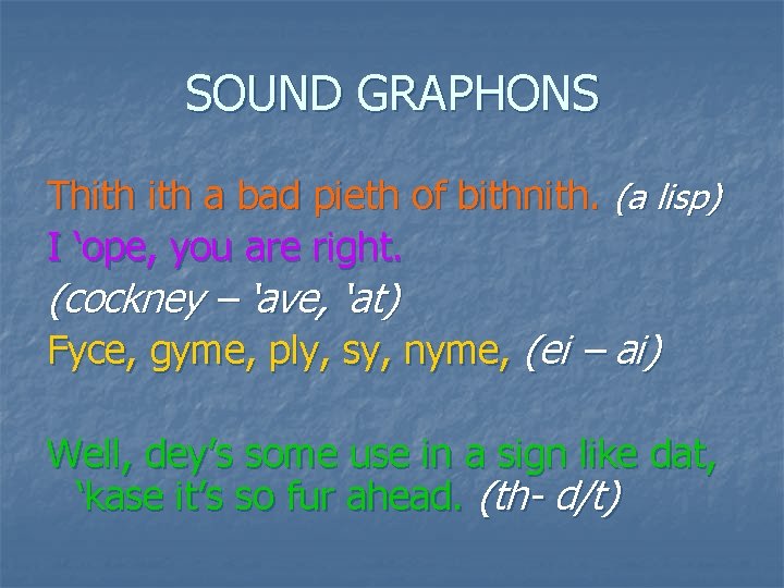 SOUND GRAPHONS Thith a bad pieth of bithnith. (a lisp) I ‘ope, you are