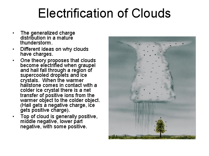 Electrification of Clouds • • The generalized charge distribution in a mature thunderstorm. Different Electrification of Clouds • • The generalized charge distribution in a mature thunderstorm. Different