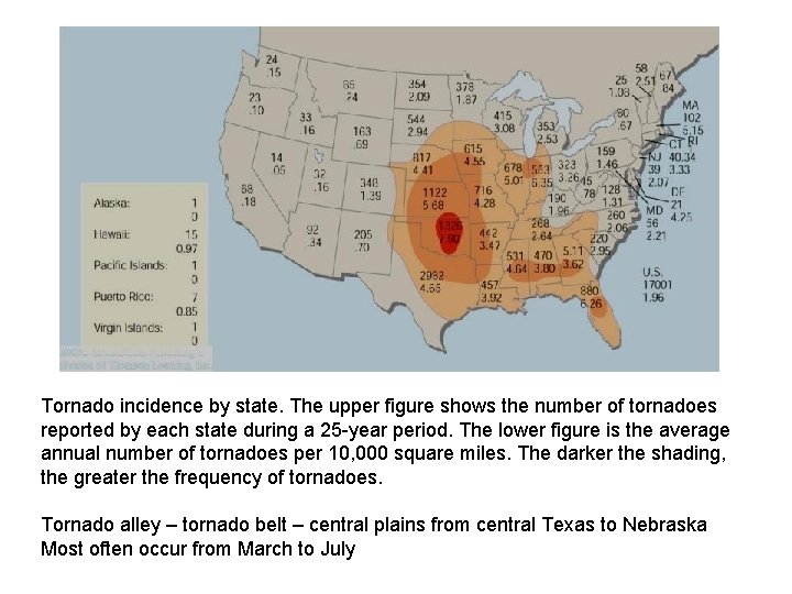 Tornado incidence by state. The upper figure shows the number of tornadoes reported by Tornado incidence by state. The upper figure shows the number of tornadoes reported by