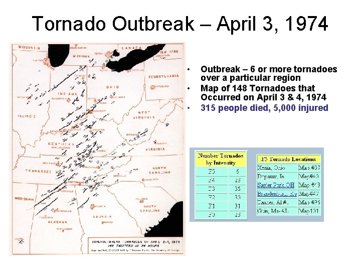 Tornado Outbreak – April 3, 1974 • • • Outbreak – 6 or more Tornado Outbreak – April 3, 1974 • • • Outbreak – 6 or more