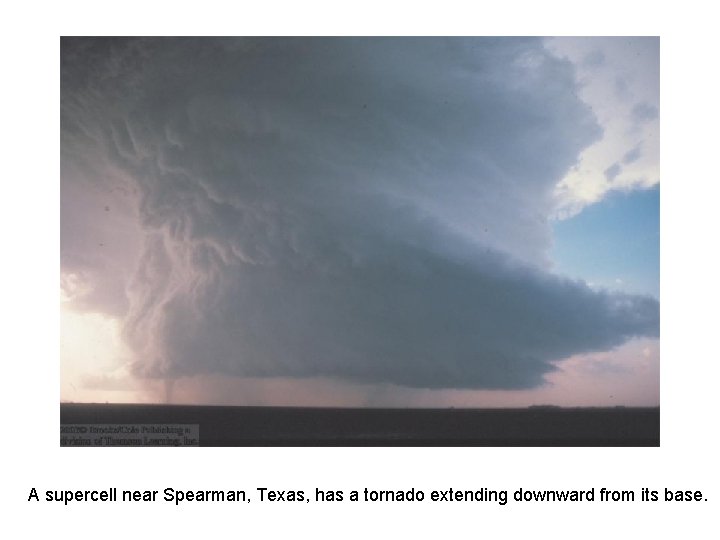 A supercell near Spearman, Texas, has a tornado extending downward from its base. A supercell near Spearman, Texas, has a tornado extending downward from its base.