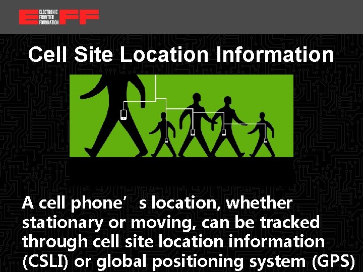 <location, date> Cell Site Location Information A cell phone’s location, whether stationary or moving,