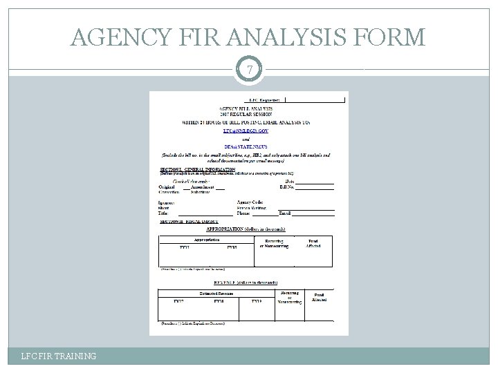 AGENCY FIR ANALYSIS FORM 7 LFC FIR TRAINING 