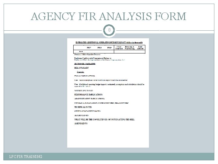 AGENCY FIR ANALYSIS FORM 8 LFC FIR TRAINING 
