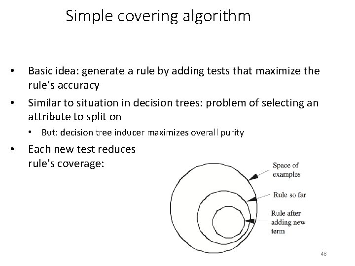 Simple covering algorithm • • Basic idea: generate a rule by adding tests that