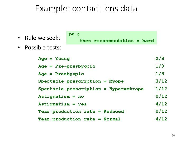 Example: contact lens data • Rule we seek: If ? • Possible tests: then