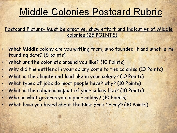 Middle Colonies Postcard Rubric Postcard Picture- Must be creative, show effort and indicative of