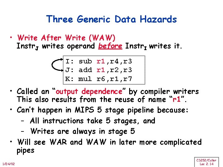 Three Generic Data Hazards • Write After Write (WAW) Instr. J writes operand before