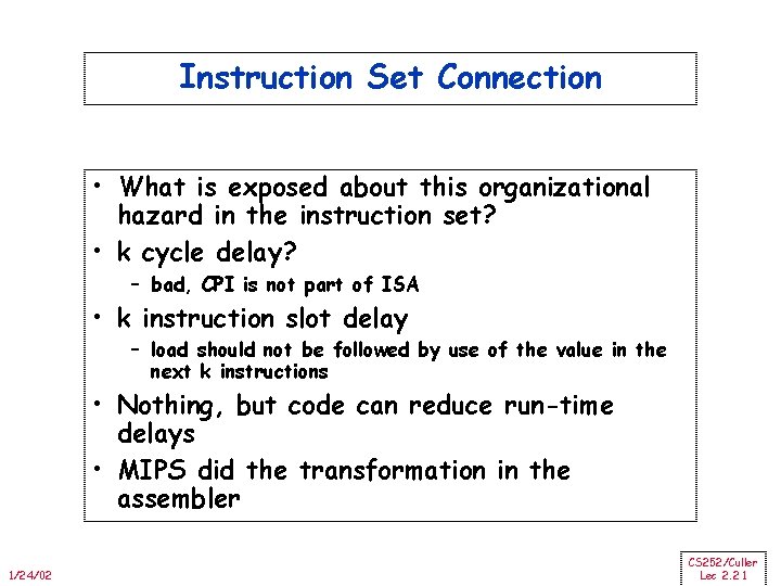 Instruction Set Connection • What is exposed about this organizational hazard in the instruction