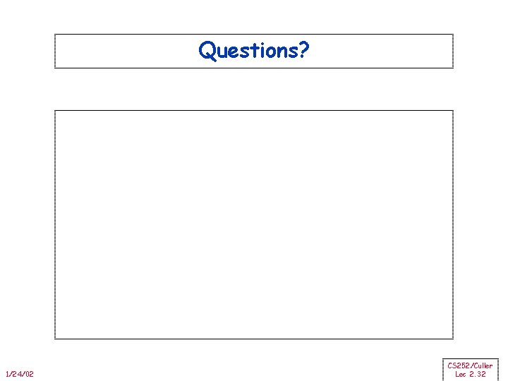 Questions? 1/24/02 CS 252/Culler Lec 2. 32 