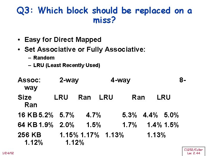 Q 3: Which block should be replaced on a miss? • Easy for Direct