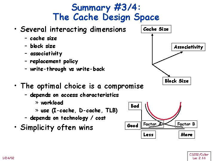 Summary #3/4: The Cache Design Space • Several interacting dimensions – – – Cache