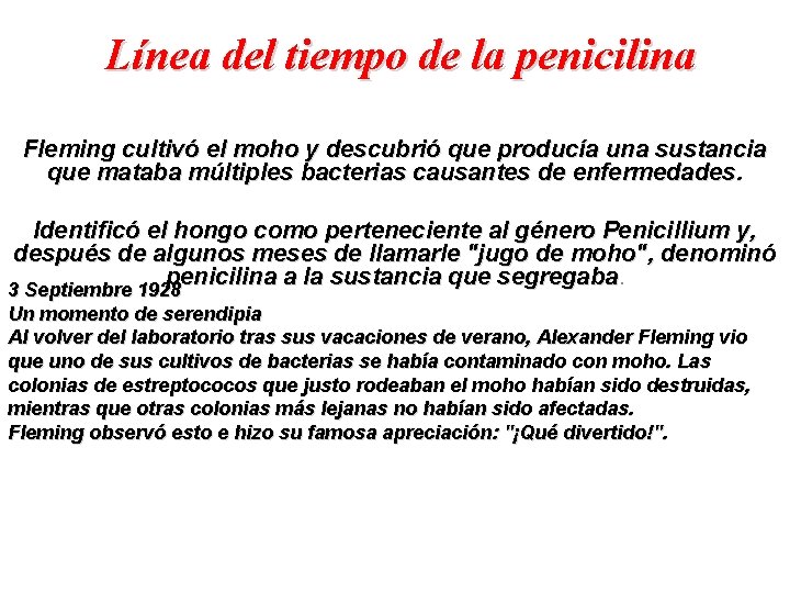 Línea del tiempo de la penicilina Fleming cultivó el moho y descubrió que producía