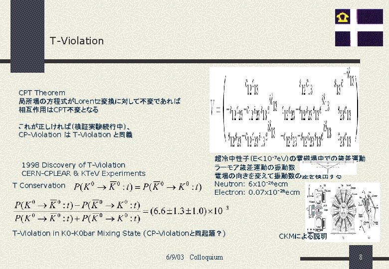 T-Violation CPT Theorem 局所場の方程式がLorentz変換に対して不変であれば 相互作用はCPT不変となる これが正しければ（検証実験続行中）、 CP-Violation は T-Violation と同義 1998 Discovery of T-Violation