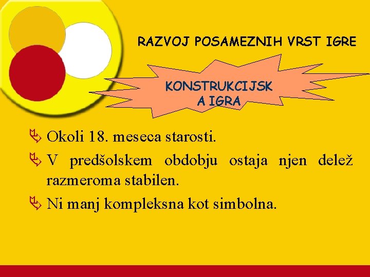 RAZVOJ POSAMEZNIH VRST IGRE KONSTRUKCIJSK A IGRA Ä Okoli 18. meseca starosti. Ä V