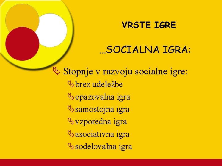 VRSTE IGRE …SOCIALNA IGRA: Ä Stopnje v razvoju socialne igre: Äbrez udeležbe Äopazovalna igra