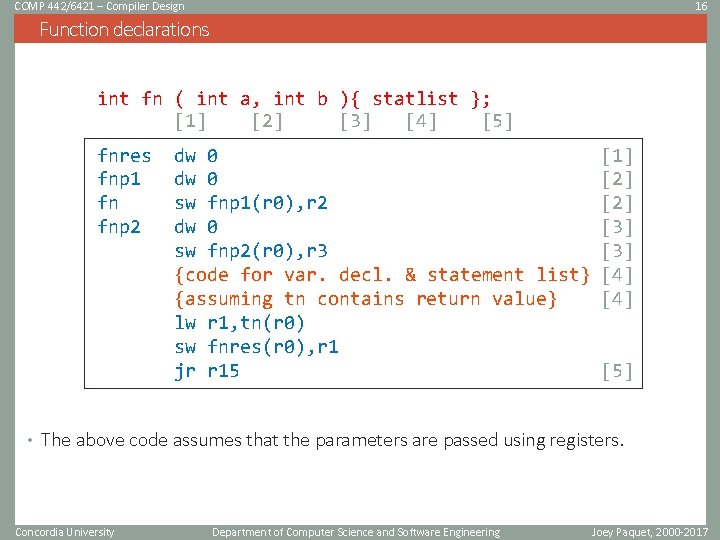 COMP 442/6421 – Compiler Design 16 Function declarations int fn ( int a, int