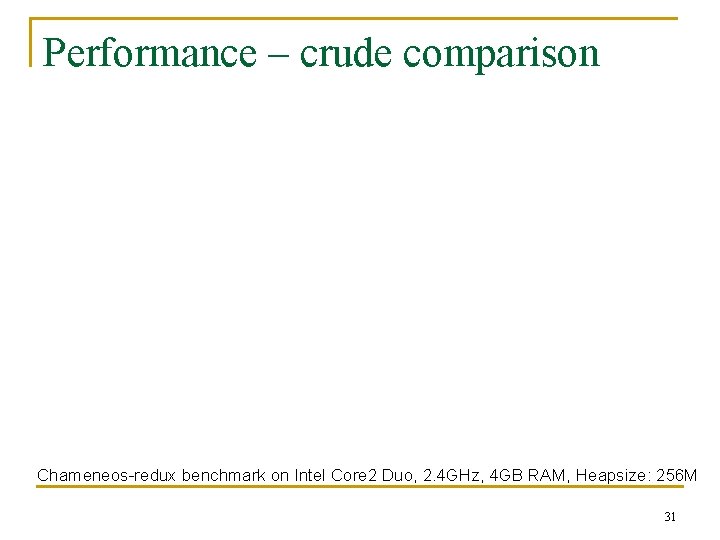 Performance – crude comparison Chameneos-redux benchmark on Intel Core 2 Duo, 2. 4 GHz,