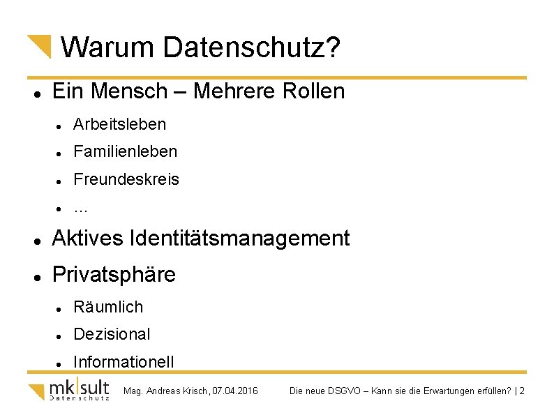 Warum Datenschutz? Ein Mensch – Mehrere Rollen Arbeitsleben Familienleben Freundeskreis … Aktives Identitätsmanagement Privatsphäre