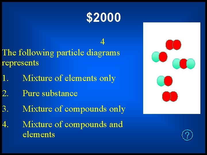 $2000 4 The following particle diagrams represents 1. Mixture of elements only 2. Pure