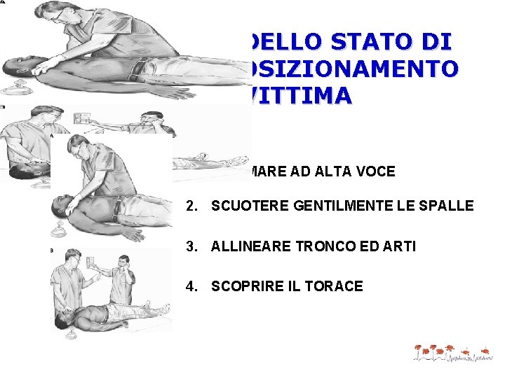 VALUTAZIONE DELLO STATO DI COSCIENZA E POSIZIONAMENTO DELLA VITTIMA 1. CHIAMARE AD ALTA VOCE