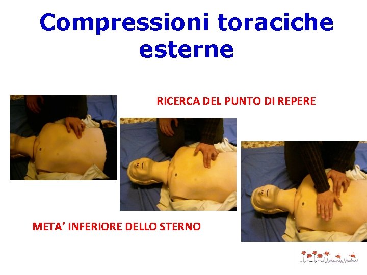 Compressioni toraciche esterne RICERCA DEL PUNTO DI REPERE META’ INFERIORE DELLO STERNO 