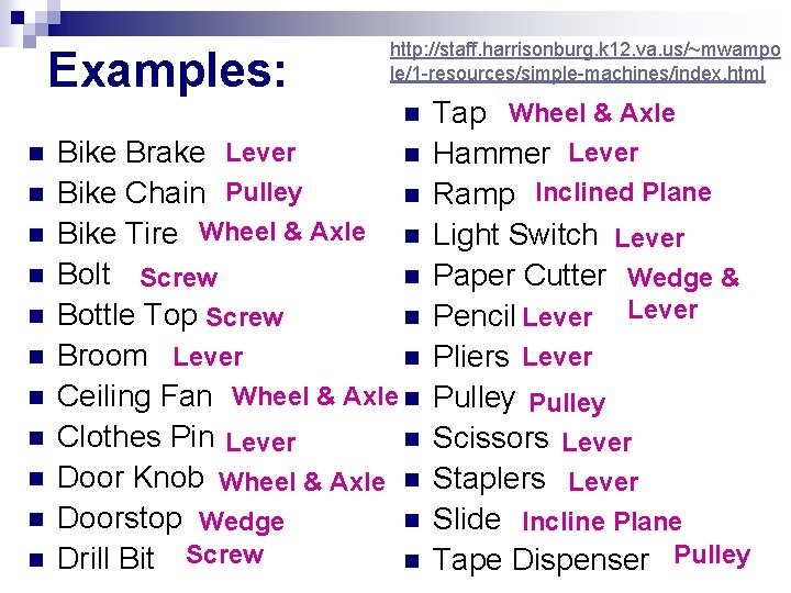 Examples: http: //staff. harrisonburg. k 12. va. us/~mwampo le/1 -resources/simple-machines/index. html n n n Examples: http: //staff. harrisonburg. k 12. va. us/~mwampo le/1 -resources/simple-machines/index. html n n n