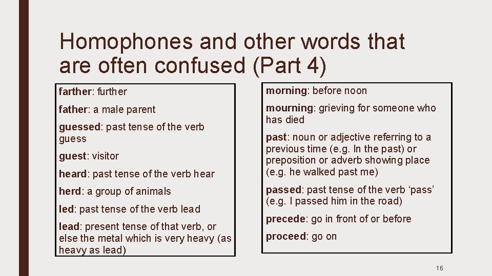 Homophones and other words that are often confused (Part 4) farther: further morning: before