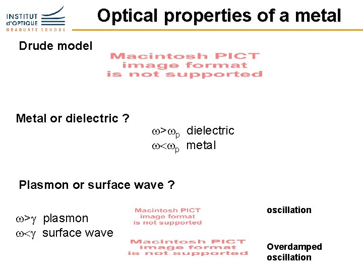 Optical properties of a metal Drude model Metal or dielectric ? w>wp dielectric w<wp