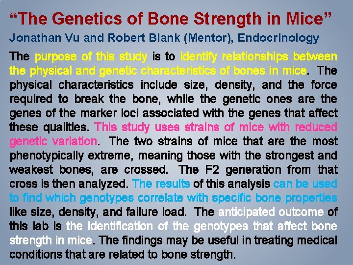 “The Genetics of Bone Strength in Mice” Jonathan Vu and Robert Blank (Mentor), Endocrinology