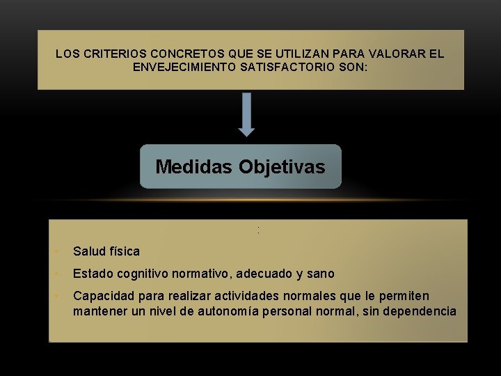 LOS CRITERIOS CONCRETOS QUE SE UTILIZAN PARA VALORAR EL ENVEJECIMIENTO SATISFACTORIO SON: Medidas Objetivas