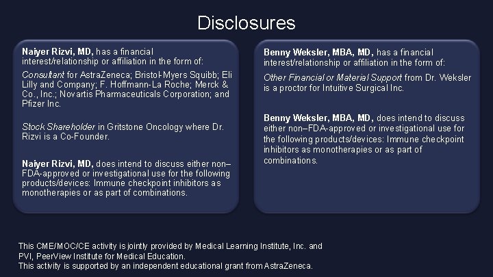 Disclosures Naiyer Rizvi, MD, has a financial interest/relationship or affiliation in the form of: