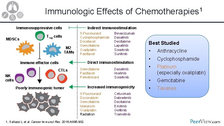 Immunologic Effects of Chemotherapies 1 Immunosuppressive cells MDSCs Indirect immunostimulation Treg cells M 2