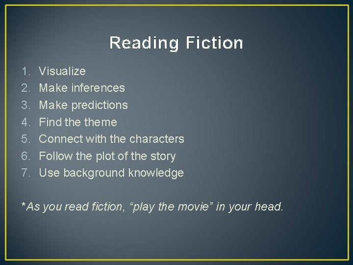 Reading Fiction 1. 2. 3. 4. 5. 6. 7. Visualize Make inferences Make predictions