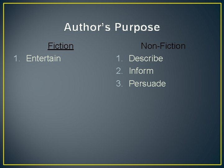 Author’s Purpose Fiction 1. Entertain Non-Fiction 1. Describe 2. Inform 3. Persuade 