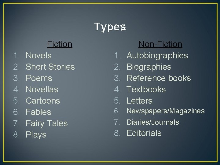 Types 1. 2. 3. 4. 5. 6. 7. 8. Fiction Novels Short Stories Poems