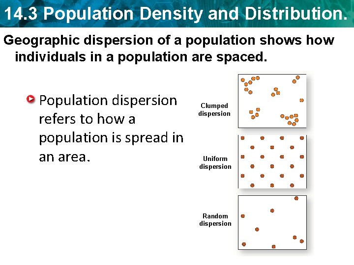 14. 3 Population Density and Distribution. Geographic dispersion of a population shows how individuals