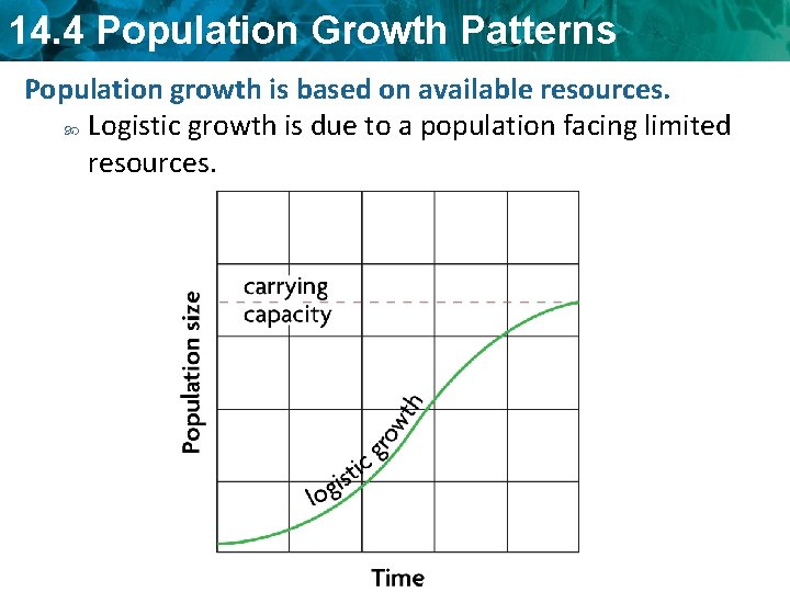 14. 4 Population Growth Patterns Population growth is based on available resources. Logistic growth