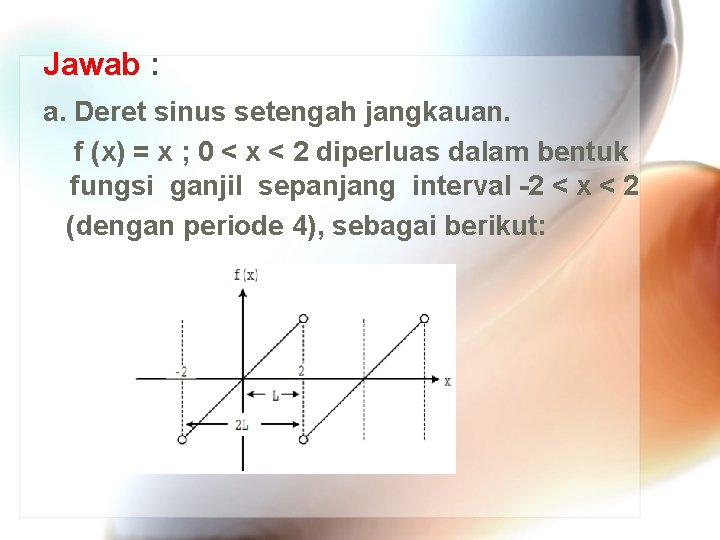 Jawab : a. Deret sinus setengah jangkauan. f (x) = x ; 0 <