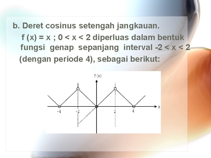 b. Deret cosinus setengah jangkauan. f (x) = x ; 0 < x <