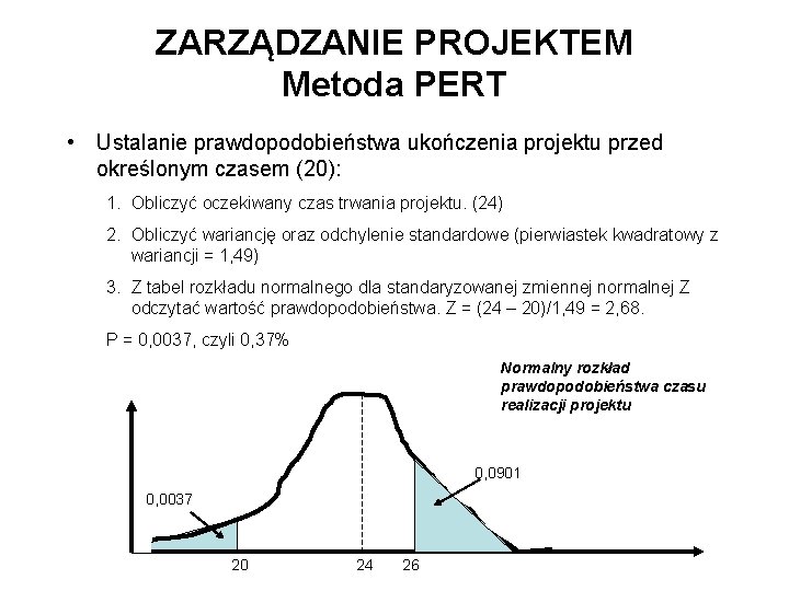 ZARZĄDZANIE PROJEKTEM Metoda PERT • Ustalanie prawdopodobieństwa ukończenia projektu przed określonym czasem (20): 1.