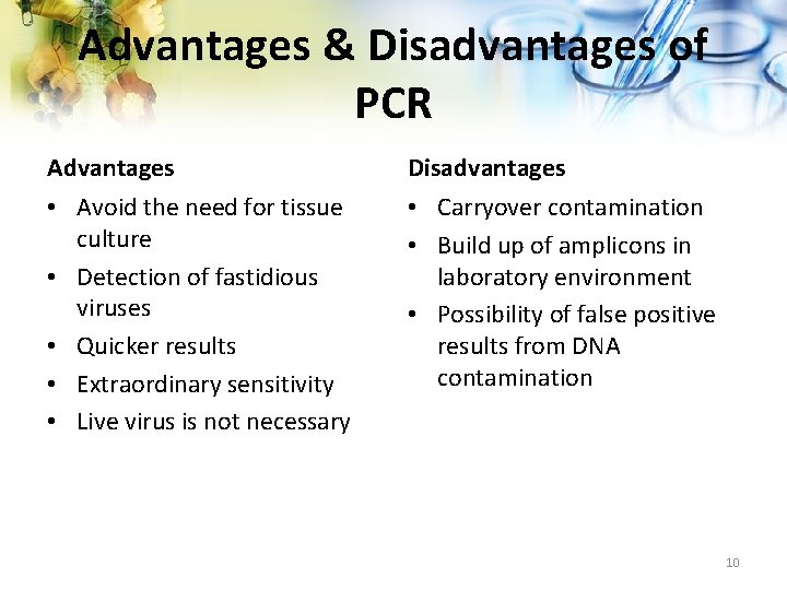Advantages & Disadvantages of PCR Advantages Disadvantages • Avoid the need for tissue culture