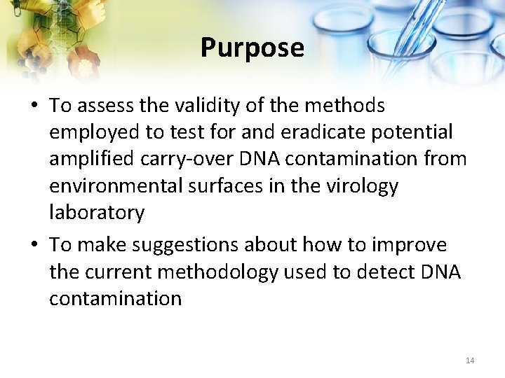Purpose • To assess the validity of the methods employed to test for and
