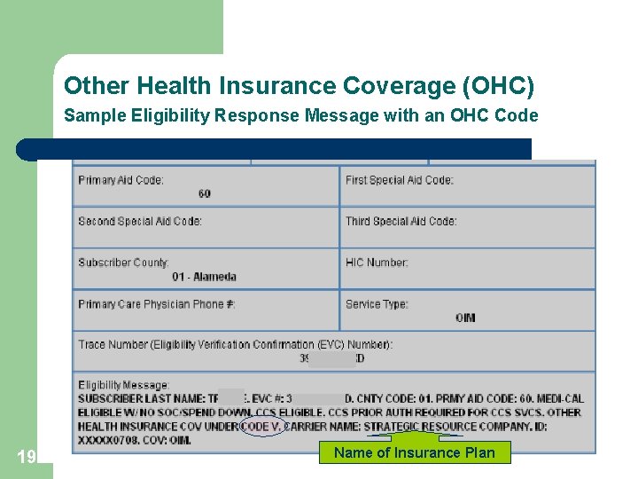Other Health Insurance Coverage (OHC) Sample Eligibility Response Message with an OHC Code 19