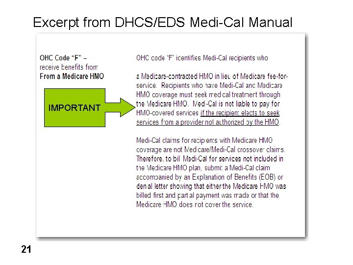 Excerpt from DHCS/EDS Medi-Cal Manual IMPORTANT 21 