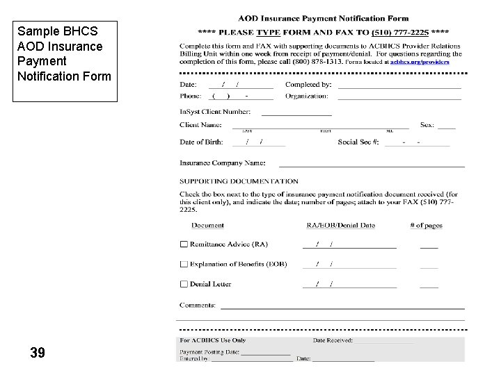 Sample BHCS AOD Insurance Payment Notification Form 39 