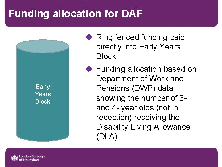 Funding allocation for DAF u Ring fenced funding paid directly into Early Years Block